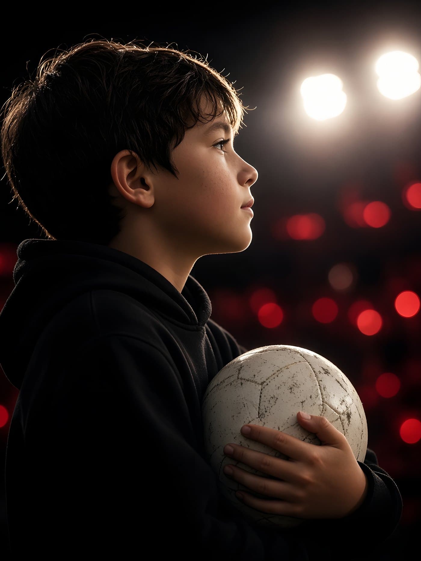 Kind in een zwarte hoodie houdt een voetbal tegen de borst en kijkt naar de lichtmasten